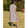 imageHOTOUCH Womens Button Down Shirt Dress Cotton Linen Summer Midi Dresses Short Sleeve Casual Loose Beach Dress with PocketsBrown Stripe