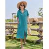 imageHOTOUCH Womens Button Down Shirt Dress Cotton Linen Summer Midi Dresses Short Sleeve Casual Loose Beach Dress with PocketsLake