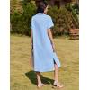 imageHOTOUCH Womens Button Down Shirt Dress Cotton Linen Summer Midi Dresses Short Sleeve Casual Loose Beach Dress with PocketsLight Blue