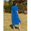 imageHOTOUCH Womens Button Down Shirt Dress Cotton Linen Summer Midi Dresses Short Sleeve Casual Loose Beach Dress with PocketsRoyal Blue