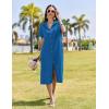 imageHOTOUCH Womens Button Down Shirt Dress Cotton Linen Summer Midi Dresses Short Sleeve Casual Loose Beach Dress with PocketsRoyal Blue