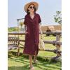 imageHOTOUCH Womens Button Down Shirt Dress Cotton Linen Summer Midi Dresses Short Sleeve Casual Loose Beach Dress with PocketsWine Red