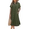 imageHOTOUCH Womens Button Down Shirt Dress Cotton Linen Summer Midi Dresses Short Sleeve Casual Loose Beach Dress with PocketsArmy Green