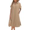 imageHOTOUCH Womens Button Down Shirt Dress Cotton Linen Summer Midi Dresses Short Sleeve Casual Loose Beach Dress with PocketsBeige