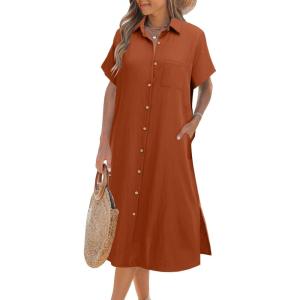 imageHOTOUCH Womens Button Down Shirt Dress Cotton Linen Summer Midi Dresses Short Sleeve Casual Loose Beach Dress with PocketsBrick Red