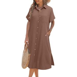 imageHOTOUCH Womens Button Down Shirt Dress Cotton Linen Summer Midi Dresses Short Sleeve Casual Loose Beach Dress with PocketsBrown