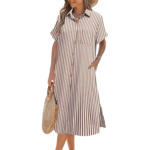 imageHOTOUCH Womens Button Down Shirt Dress Cotton Linen Summer Midi Dresses Short Sleeve Casual Loose Beach Dress with PocketsBrown Stripe