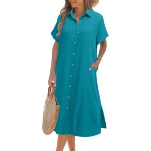 imageHOTOUCH Womens Button Down Shirt Dress Cotton Linen Summer Midi Dresses Short Sleeve Casual Loose Beach Dress with PocketsLake