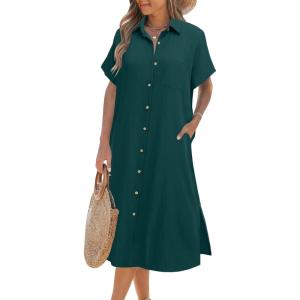 imageHOTOUCH Womens Button Down Shirt Dress Cotton Linen Summer Midi Dresses Short Sleeve Casual Loose Beach Dress with PocketsLake Green
