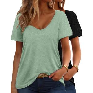 imageHOTOUCH Womens T Shirts Rollup Short Sleeve V Neck Tees Fashion Tops Trendy Basic Soft Casual Summer Tshirt2 PackblackLight Green