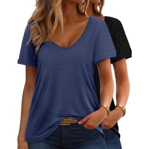 imageHOTOUCH Womens T Shirts Rollup Short Sleeve V Neck Tees Fashion Tops Trendy Basic Soft Casual Summer Tshirt2 PackblackNavy Blue