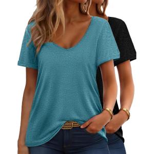 imageHOTOUCH Womens T Shirts Rollup Short Sleeve V Neck Tees Fashion Tops Trendy Basic Soft Casual Summer Tshirt2 PackblackTeal