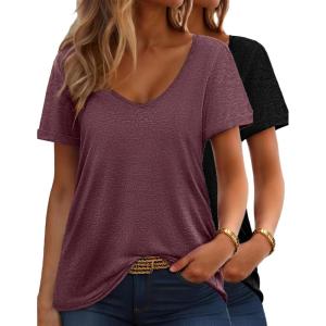 imageHOTOUCH Womens T Shirts Rollup Short Sleeve V Neck Tees Fashion Tops Trendy Basic Soft Casual Summer Tshirt2 PackblackWine Red
