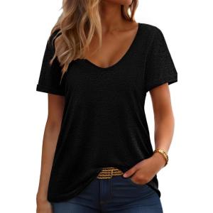 imageHOTOUCH Womens T Shirts Rollup Short Sleeve V Neck Tees Fashion Tops Trendy Basic Soft Casual Summer TshirtBlack