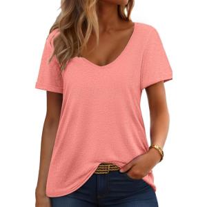 imageHOTOUCH Womens T Shirts Rollup Short Sleeve V Neck Tees Fashion Tops Trendy Basic Soft Casual Summer TshirtCoral