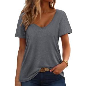 imageHOTOUCH Womens T Shirts Rollup Short Sleeve V Neck Tees Fashion Tops Trendy Basic Soft Casual Summer TshirtGrey