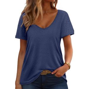 imageHOTOUCH Womens T Shirts Rollup Short Sleeve V Neck Tees Fashion Tops Trendy Basic Soft Casual Summer TshirtNavy Blue