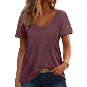 imageHOTOUCH Womens T Shirts Rollup Short Sleeve V Neck Tees Fashion Tops Trendy Basic Soft Casual Summer TshirtWine Red