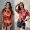 imageHOTOUCH Hawaiian Shirts for Women Summer Cool Hawaii Floral Tropic Print Blouses Short Sleeve Button Up TopsOrange Hawaii