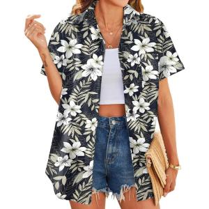 imageHOTOUCH Hawaiian Shirts for Women Summer Cool Hawaii Floral Tropic Print Blouses Short Sleeve Button Up TopsBlack Hawaii