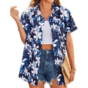 imageHOTOUCH Hawaiian Shirts for Women Summer Cool Hawaii Floral Tropic Print Blouses Short Sleeve Button Up TopsBlue Floral