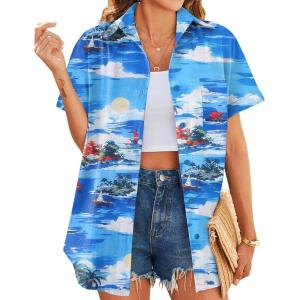 imageHOTOUCH Hawaiian Shirts for Women Summer Cool Hawaii Floral Tropic Print Blouses Short Sleeve Button Up TopsBlue Tropical