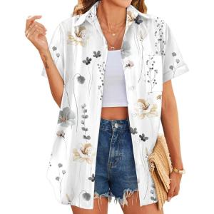 imageHOTOUCH Hawaiian Shirts for Women Summer Cool Hawaii Floral Tropic Print Blouses Short Sleeve Button Up TopsBoho White
