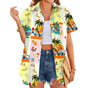 imageHOTOUCH Hawaiian Shirts for Women Summer Cool Hawaii Floral Tropic Print Blouses Short Sleeve Button Up TopsColorful Hawaii