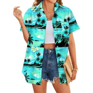 imageHOTOUCH Hawaiian Shirts for Women Summer Cool Hawaii Floral Tropic Print Blouses Short Sleeve Button Up TopsCyan Hawaii