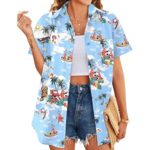 imageHOTOUCH Hawaiian Shirts for Women Summer Cool Hawaii Floral Tropic Print Blouses Short Sleeve Button Up TopsLight Blue Christmas