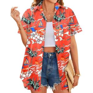 imageHOTOUCH Hawaiian Shirts for Women Summer Cool Hawaii Floral Tropic Print Blouses Short Sleeve Button Up TopsOrange Hawaii