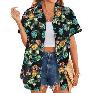 imageHOTOUCH Hawaiian Shirts for Women Summer Cool Hawaii Floral Tropic Print Blouses Short Sleeve Button Up TopsPineapple Tropical