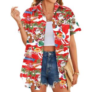 imageHOTOUCH Hawaiian Shirts for Women Summer Cool Hawaii Floral Tropic Print Blouses Short Sleeve Button Up TopsRed Hawaii Christmas