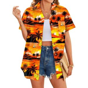 imageHOTOUCH Hawaiian Shirts for Women Summer Cool Hawaii Floral Tropic Print Blouses Short Sleeve Button Up TopsSunset Hawaii
