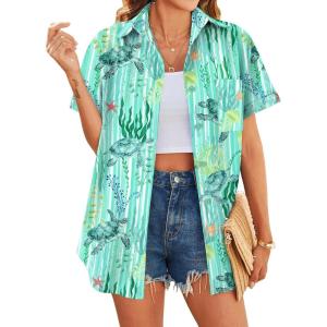 imageHOTOUCH Hawaiian Shirts for Women Summer Cool Hawaii Floral Tropic Print Blouses Short Sleeve Button Up TopsTropical Turtle