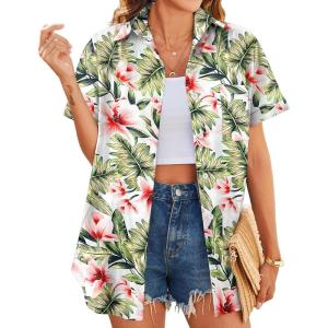 imageHOTOUCH Hawaiian Shirts for Women Summer Cool Hawaii Floral Tropic Print Blouses Short Sleeve Button Up TopsWhite Floral Tropical