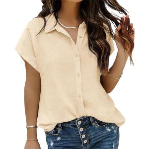 imageHOTOUCH Womens Linen Button Down Shirt Casual V Neck Cap Sleeve Blouses Summer Cotton Collared Tops S3XLBeige