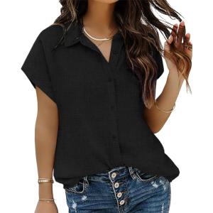 imageHOTOUCH Womens Linen Button Down Shirt Casual V Neck Cap Sleeve Blouses Summer Cotton Collared Tops S3XLBlack