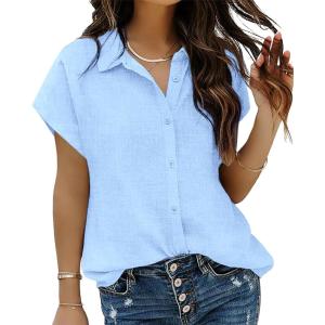 imageHOTOUCH Womens Linen Button Down Shirt Casual V Neck Cap Sleeve Blouses Summer Cotton Collared Tops S3XLBlue