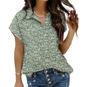 imageHOTOUCH Womens Linen Button Down Shirt Casual V Neck Cap Sleeve Blouses Summer Cotton Collared Tops S3XLFloral Green