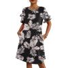 imageHOTOUCH Womens Summer Dress 2024 Short Sleeve ALine Mini Dress Casual Crew Neck Shift Dress Beach Sundress with PocketsBlack Floral
