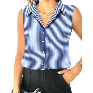 imageHOTOUCH Womens Sleeveless Button Down Shirt Tops V Neck Business Casual Collared Blouses Tank TopBlue White Stripe