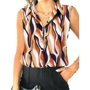 imageHOTOUCH Womens Sleeveless Button Down Shirt Tops V Neck Business Casual Collared Blouses Tank TopBrown Geometric