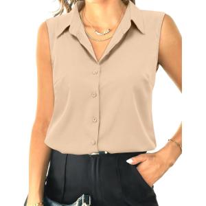 imageHOTOUCH Womens Sleeveless Button Down Shirt Tops V Neck Business Casual Collared Blouses Tank TopCream