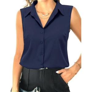 imageHOTOUCH Womens Sleeveless Button Down Shirt Tops V Neck Business Casual Collared Blouses Tank TopNavy