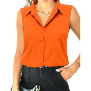 imageHOTOUCH Womens Sleeveless Button Down Shirt Tops V Neck Business Casual Collared Blouses Tank TopOrange