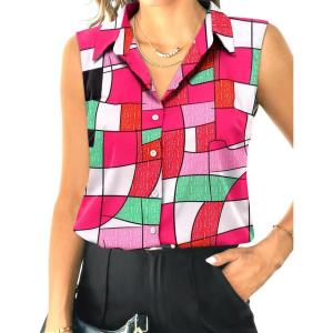 imageHOTOUCH Womens Sleeveless Button Down Shirt Tops V Neck Business Casual Collared Blouses Tank TopPink Geometric
