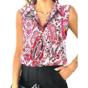 imageHOTOUCH Womens Sleeveless Button Down Shirt Tops V Neck Business Casual Collared Blouses Tank TopPink Paisley