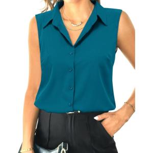 imageHOTOUCH Womens Sleeveless Button Down Shirt Tops V Neck Business Casual Collared Blouses Tank TopTeal Blue