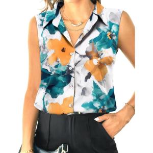 imageHOTOUCH Womens Sleeveless Button Down Shirt Tops V Neck Business Casual Collared Blouses Tank TopTiedyeing Flower